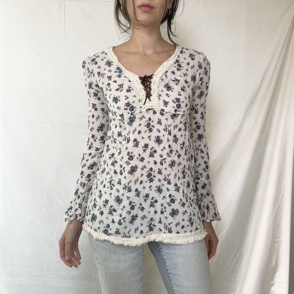 Lace Up Floral Bell Sleeve Babydoll Top Whimsy Fairy Boho Western Ditsy